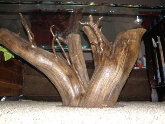Custom, hand-made/natural wood/tree root/tree stump table with spiral cut glass top. 100% recycled or re-purposed. GO GREEN   On Sale Now