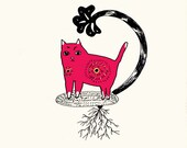 Drawing Illustration Art Digital Print Cat Drawing Pen and Ink Home Decoration Cute Cat Animal Pink Funny Special Flower