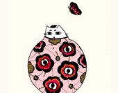 Illustration Drawing Pen and Ink Art Digital Print Cute Cat Drawing Gift House Home Decoration Funny Colorful Vase Flower Special