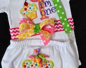 Personalized Monogrammed Onesie Bodysuit, Bloomers Diaper Cover, and Pacifier Clip Baby Girls Toddler Applique Embroidery I'm One Cupcake