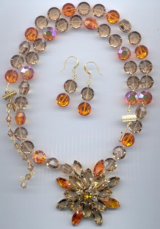 Fabulous centerpiece necklace and earring set - vintage crystal beads with re-purposed vintage rhinestone brooch pendant