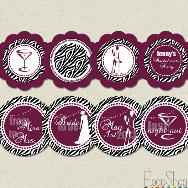 Bachelorette party decorations Printable stickers zebra purple cupcake toppers DIY silhouettes circles chic coctail personalized bride Il_170x135