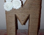Personalized 12 Inch Jute Letter with Floral Accents - Monogram Twine Wrapped Wreath - Rustic Home Decor