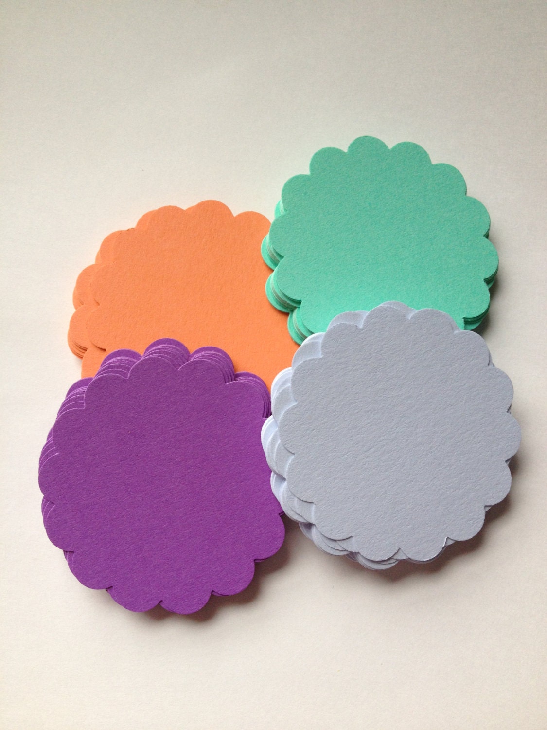 Orange Purple Green Periwinkle Scalloped Circle Card Stock Hang Gift Tags - Set of 80 - Wedding Thank You Business Birthday Scrapbook Gift