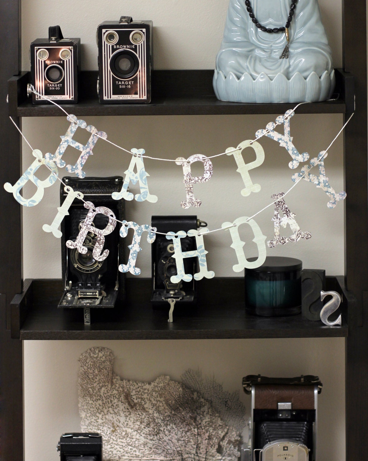 Happy Birthday 2 Tier Banner- Vintage blue, browns, beige, teal. Whimsical party  home decor. Paper garland prop. Festive sign.