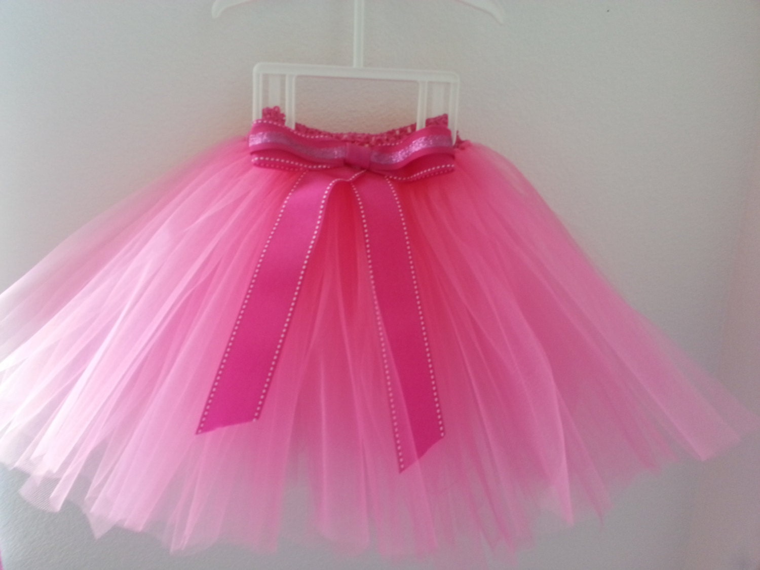 Hot Pink Easter Birthday or Everyday Shimmer With Big Bow and Falling Ribbon Tutu Tulle Skirt