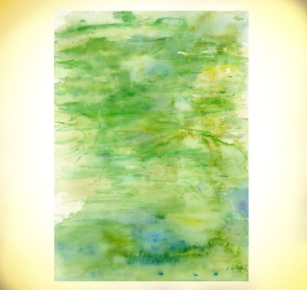 Green Reflection, 8 x 10" - Art Watercolor Painting print by Suisai Genki, Giclee Fine Art Print, Art Print , WALL ART, Green , Blue, Yellow