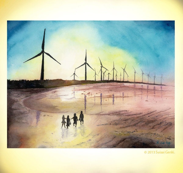 Windmill, Cheerful Bond, Friendship, Sunset, 8 x 10" - Art Watercolor Painting by Suisai Genki, Giclee Print, Brown, Blue, Yellow