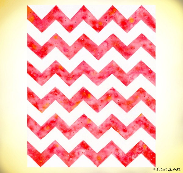 Red Chevron, Le Rouge Chevron, Poppy Red Chevron, Giclee Print, 5x7, Art Watercolor Painting by Suisai Genki, Poppy Red, Tomato Red, Red