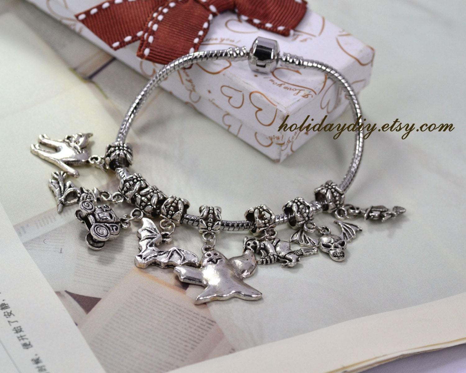 European Bracelet,DIY Vintage Tibetan Silver Tone Halloween ghosts Witch bat pumpkin Charm dangle bead, PB0014