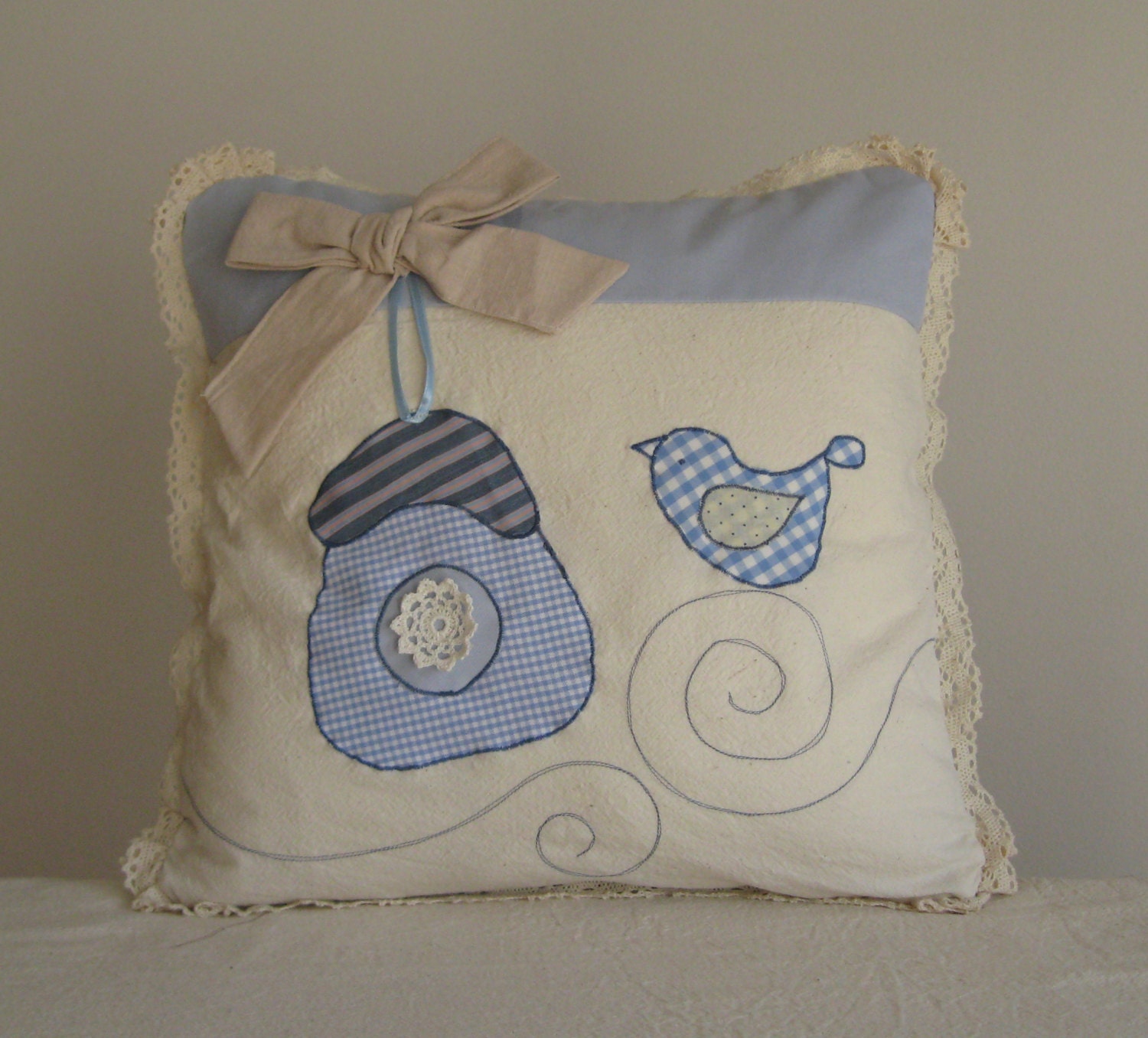 Bird house soft blue beige spring summer decorative accent pillow cover case Cottage country neutral natural cotton lace bow home decor