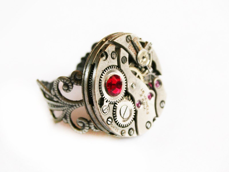 Steampunk Ring - on a Brass Adjustable filigree ring base with Red Swarovski crystal