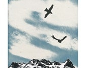 Soaring 1, Mixed Media, Cyanotype and Relief Print, Printmaking Original, Ravens
