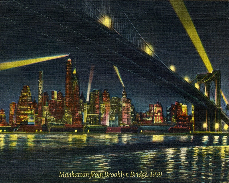 1939 Manhattan New York, Retro Poster Vintage Print, Mid Century Modern 16x20 inches, 1930s art deco, historic home decor Brooklyn Bridge