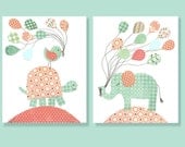 Girl Nursery Art, Aqua Coral Turtle, Elephant Nursery, Balloons, Girls Room Decor, Aqua and Coral Nursery, 8 x 10 Print, Cute Nursery Art