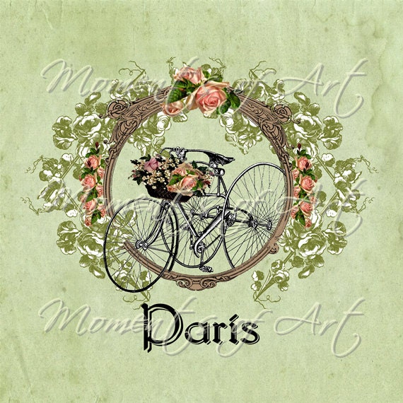 Bicycle Art: City of Paris with flowers and Bike - 6x6 Square Giclee Print - "Garden Bike II Paris"