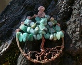 Tree of Life Pendant with African Jade and light green Adventurine chips. Made with upcycled guitar string and copper wire