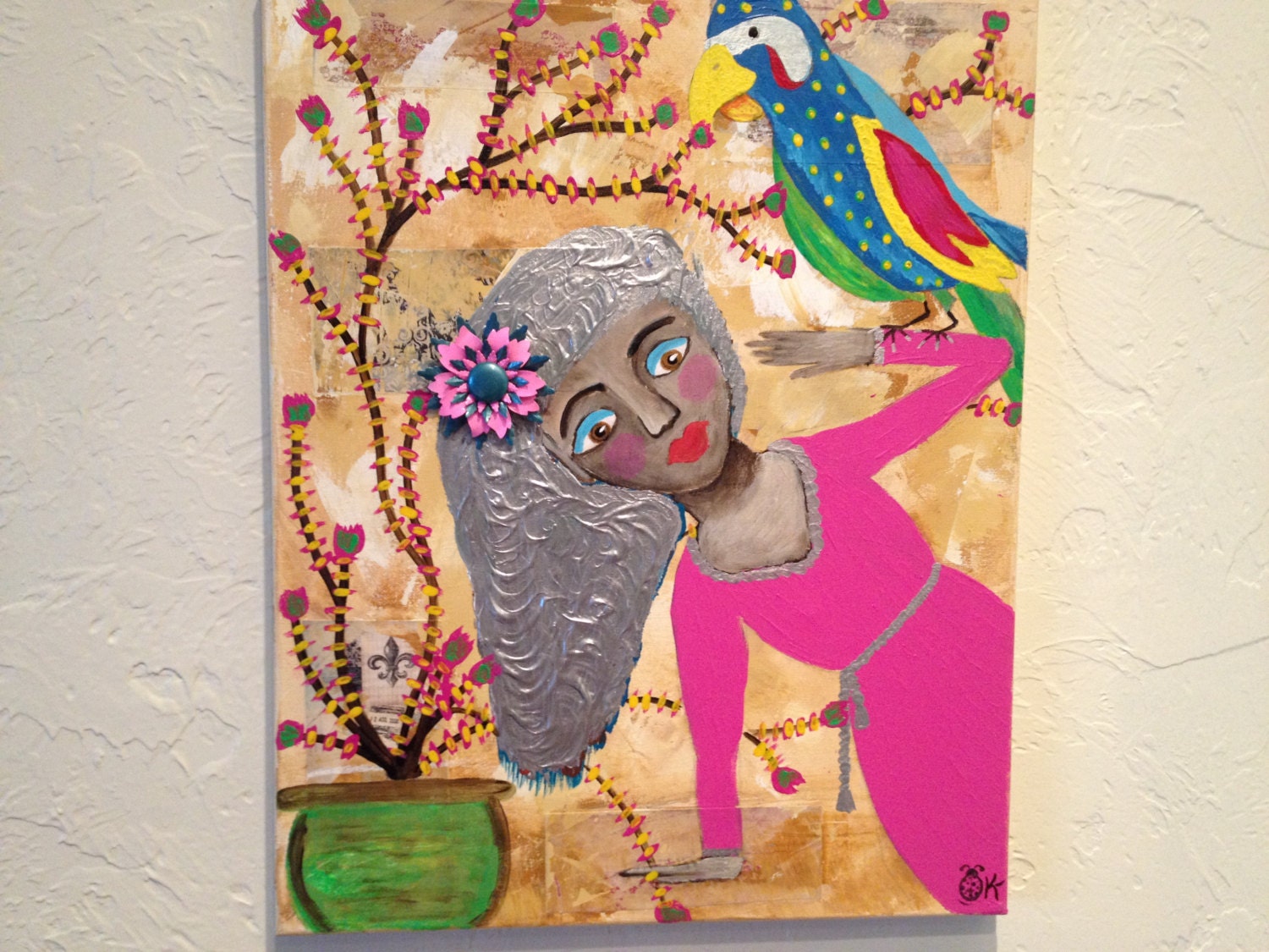 Large original painting bright bold colorful folk art acrylic girl woman flowers bird art:  "Balancing The Repeat"