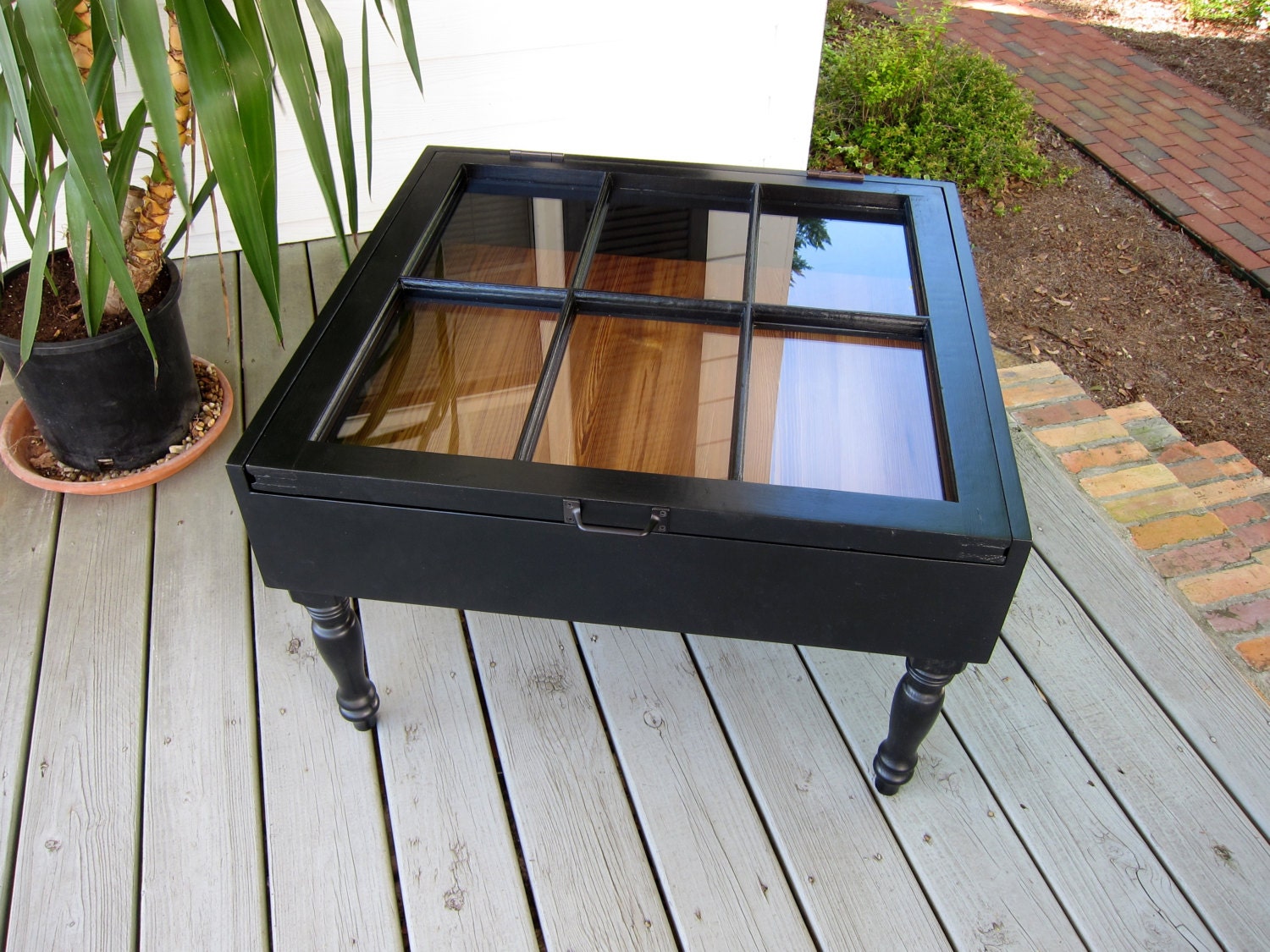 Sash Window Coffee Table in Black: Shadow Box with Antique Pine Interior