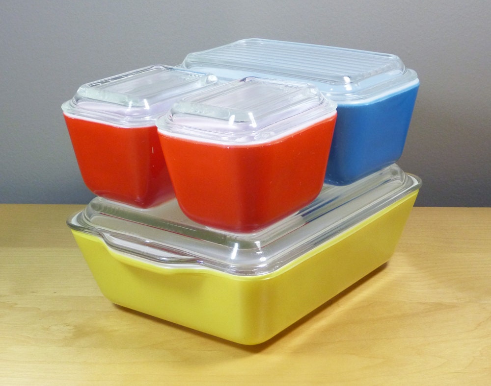Pyrex Refrigerator Primary Set, Glass, Early Generation With Old Lids - Red, Blue, Yellow