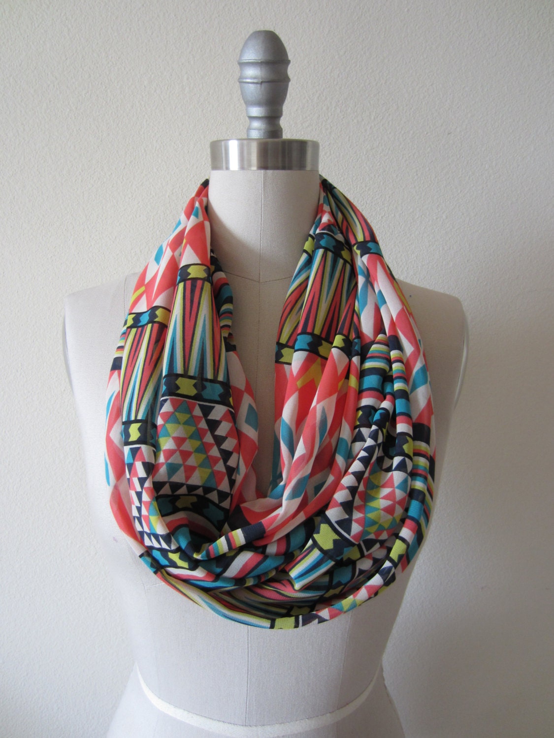 Handmade wide coral, neon yellow green, turquoise graphic tribal batik print, mixed print chiffon Infinity Scarf Loop Scarf Circle Scarf