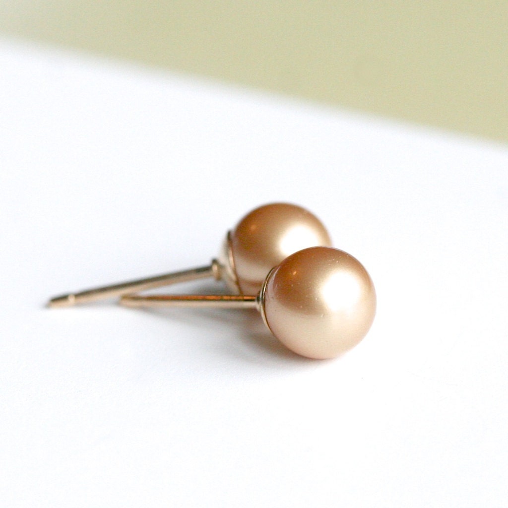 Handmade pearl earrings, light gold, studs, 6mm Swarovski crystal pearls, post earring, 14k gold filled, Petite Mimi Jewelry