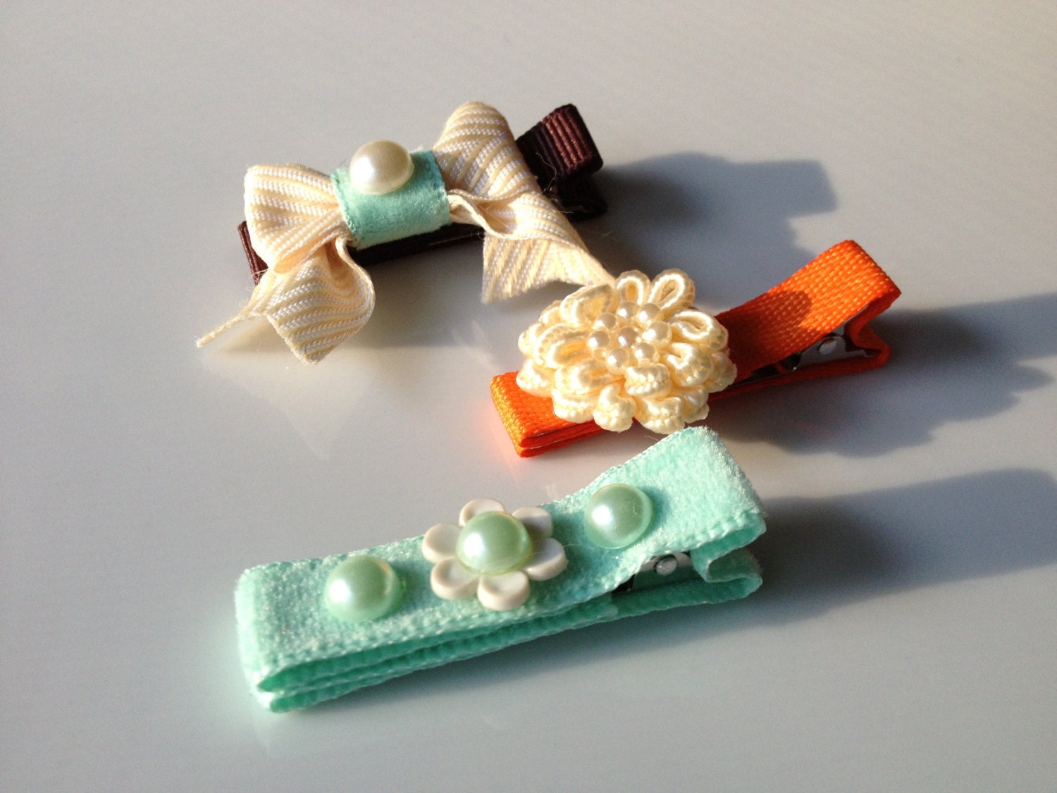 Unique Baby Hair Clip Set, Children/Girl's Summer Hair Clip Set, Alligator Clips with Bows, Pearls and Velvet