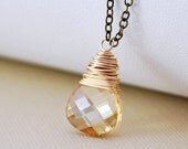Crystal Pendant Necklace Mixed Metals Golden Shadow Swarovski Crystal Gold Antiqued Brass Chain Wire Wrapped Jewelry