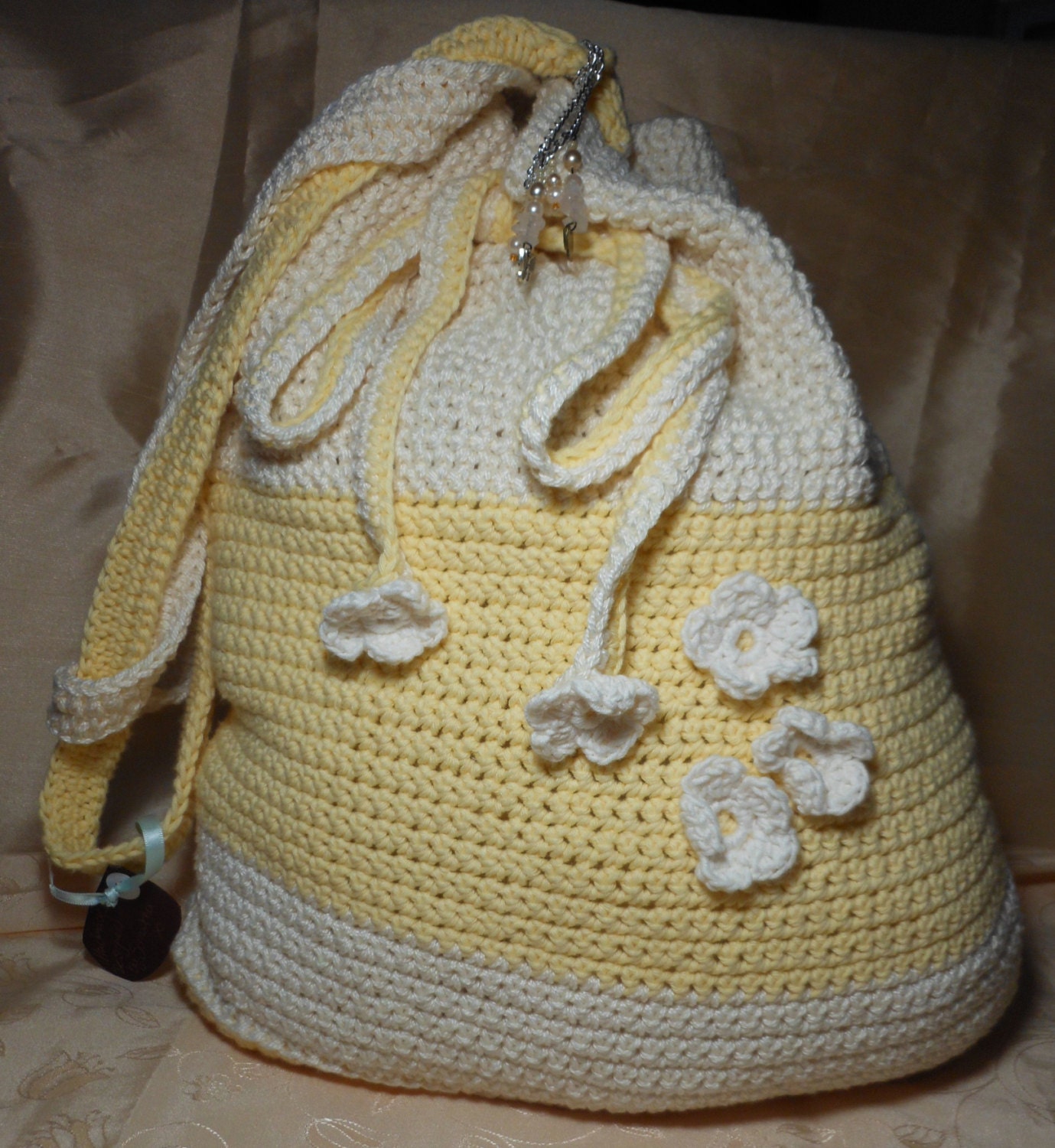 Crochet Handbag, Bags and Purses, Lemon Yellow, Tote Bag, Cream, Shoulder Bag, Flowers, Ladies, Handmade.
