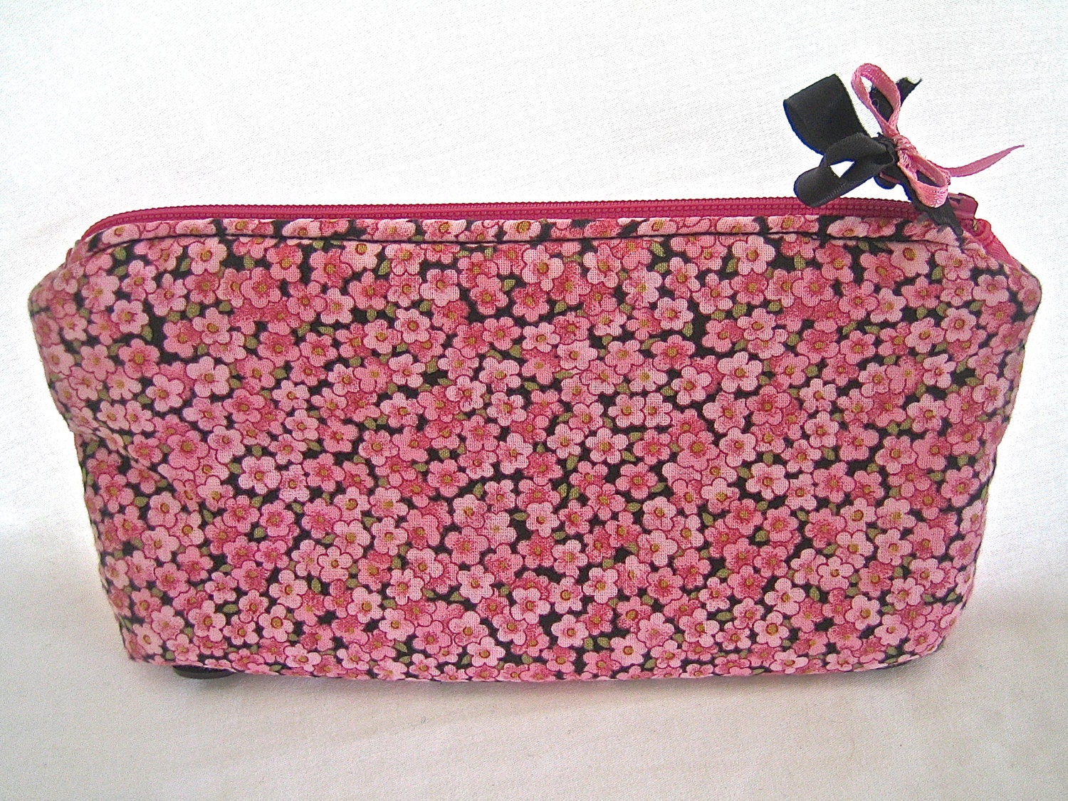 Pink Black Cotton Zip Pouch, Shabby Chic Cosmetic Bag, Multi Flower Zip Bag, Floral Purse, Feminine Accessories Holder