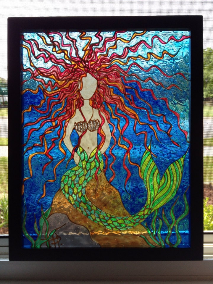 Mermaid on a rock, original glass painting (stained glass)