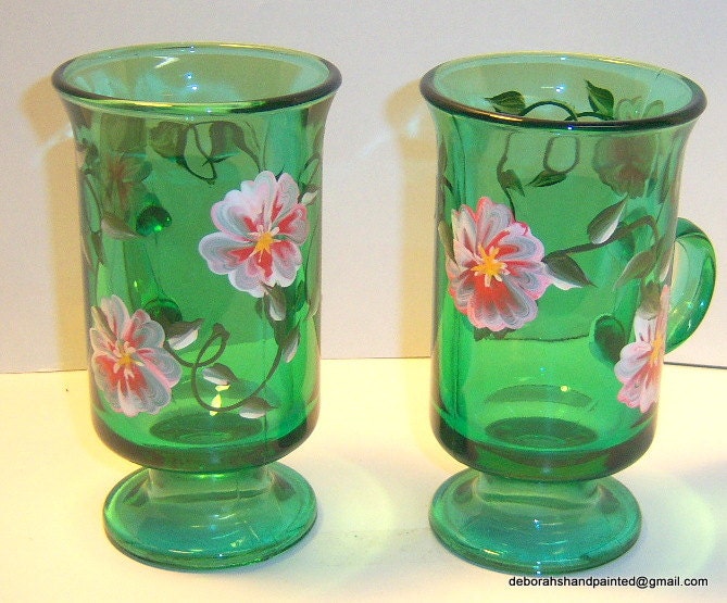 Green Glass Coffee Cups Hand Painted Pink White Flowers Upcycled Home Decor Household Tea Secretary Boss Day