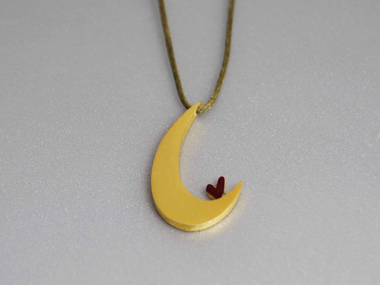 Love in the Moonlight Pendant Sterling Silver Yellow Gold Plated Half Moon Deep Red Heart Romantic Sweet Love Gift  for Her