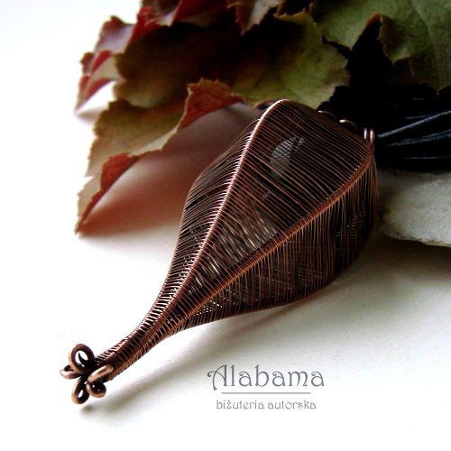 Green inside - original wire-wrapped pendant made of copper