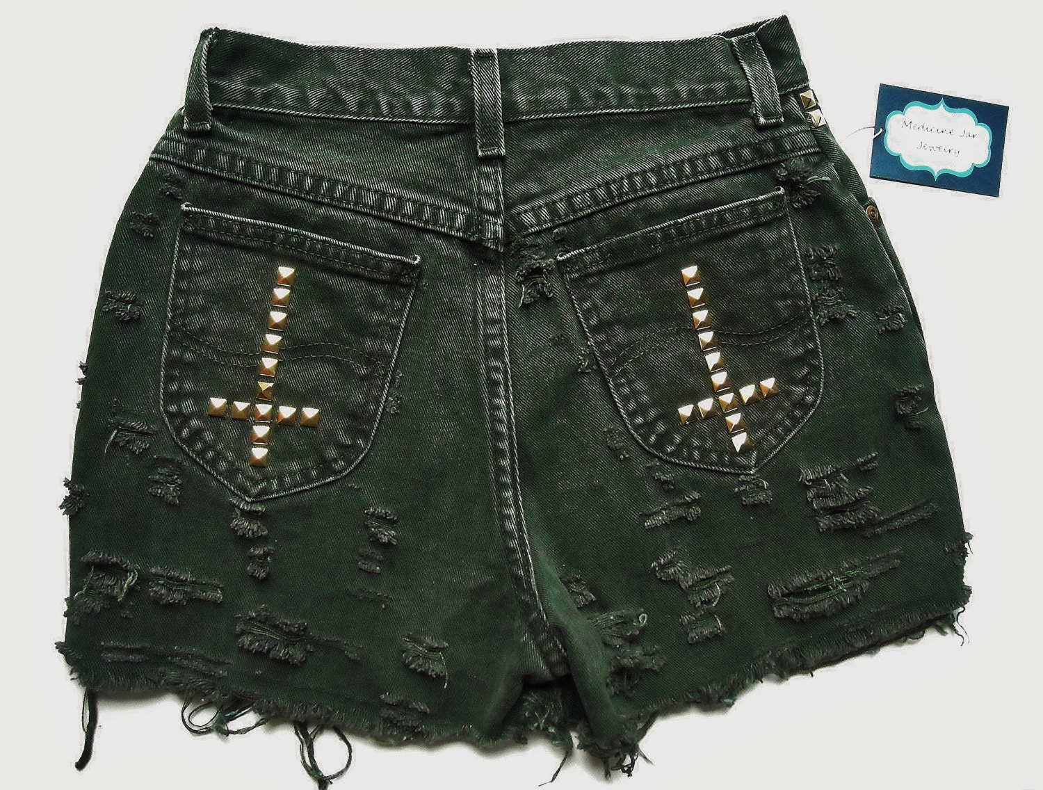 Army green gold pyramid cross studded high-waisted distressed jean shorts