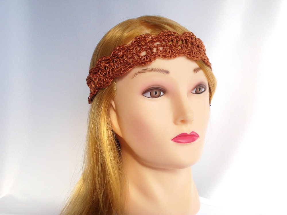 Brown crochet head band Tie headband Boho Hippie hair band Lace cotton hairband Girl women teen Spring summer accessory Eco friendly Gift