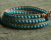 Turquoise colored triple wrap leather beaded bracelet.  Pewter Button. Robin Egg Blue. Summer Jewelry