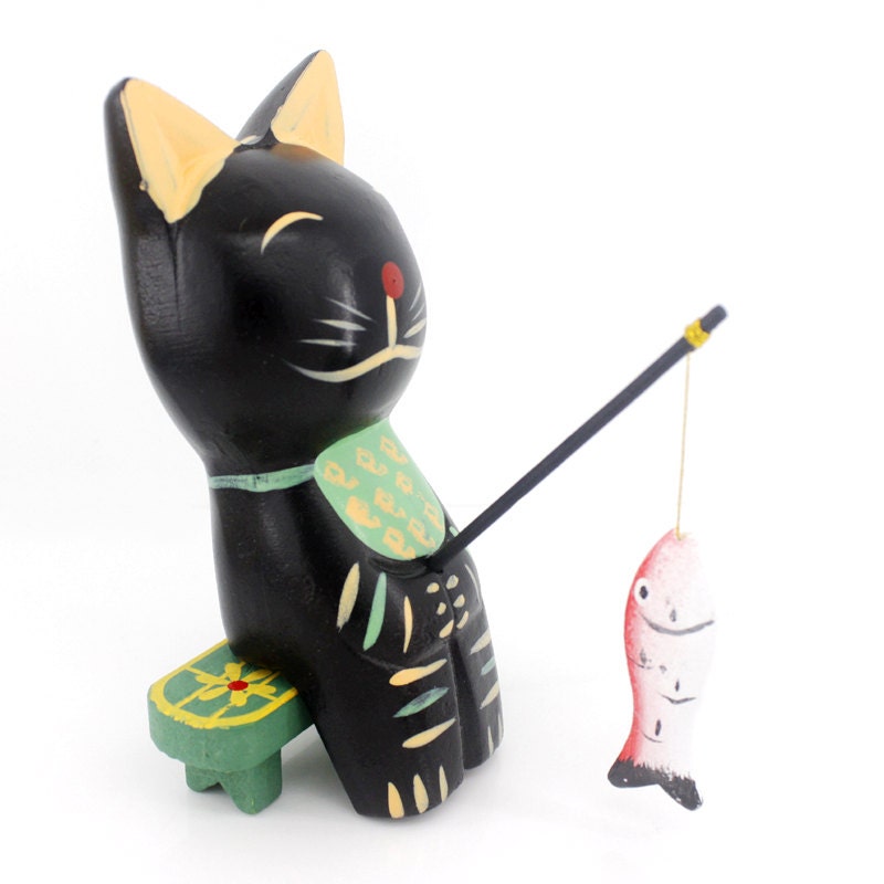 Handmade Woodworking,Wood Carving,Cute Fishing Cat,Home Decor,Desk Display,Wood Miniature,Doll House,Animal Sculpture