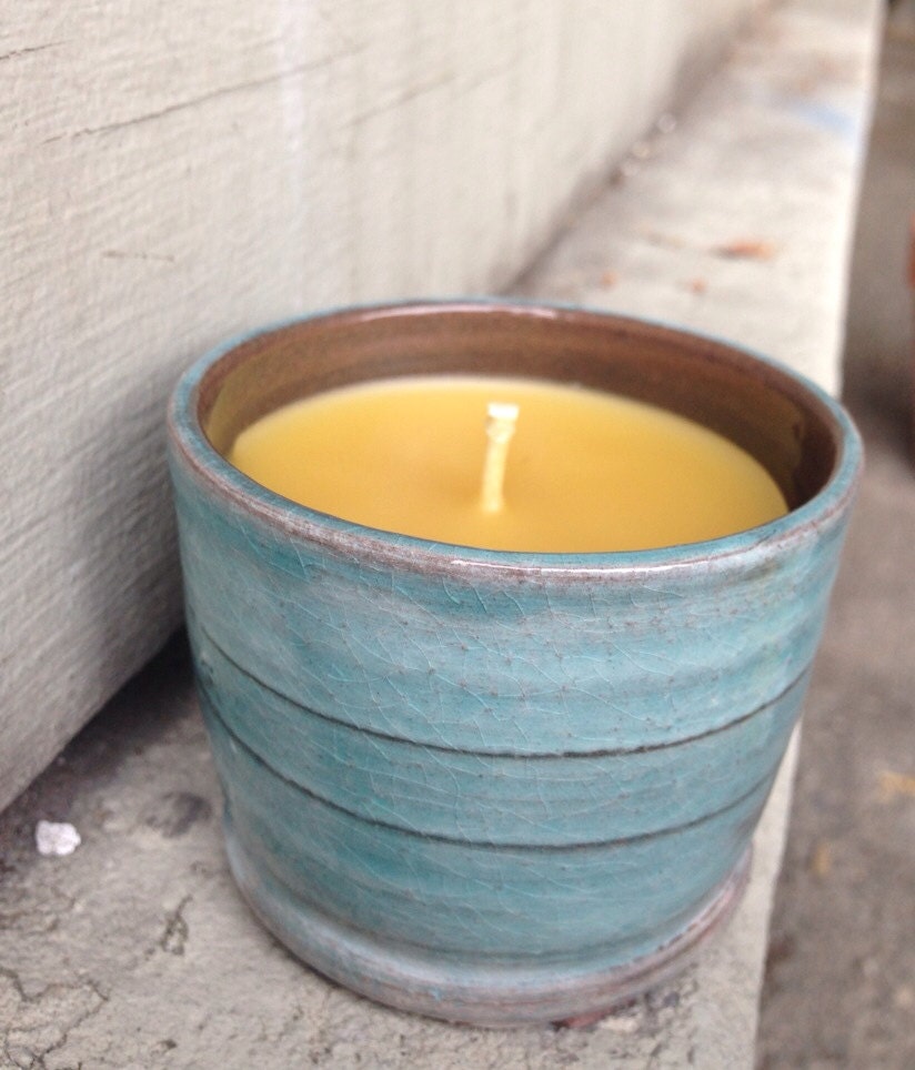 Baby blue terra cotta with Hand Poured Beeswax Candle