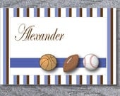 Note and Thank you kids cards - sports, baseball, football, basketball personalized blue and brown, blank inside cards.
