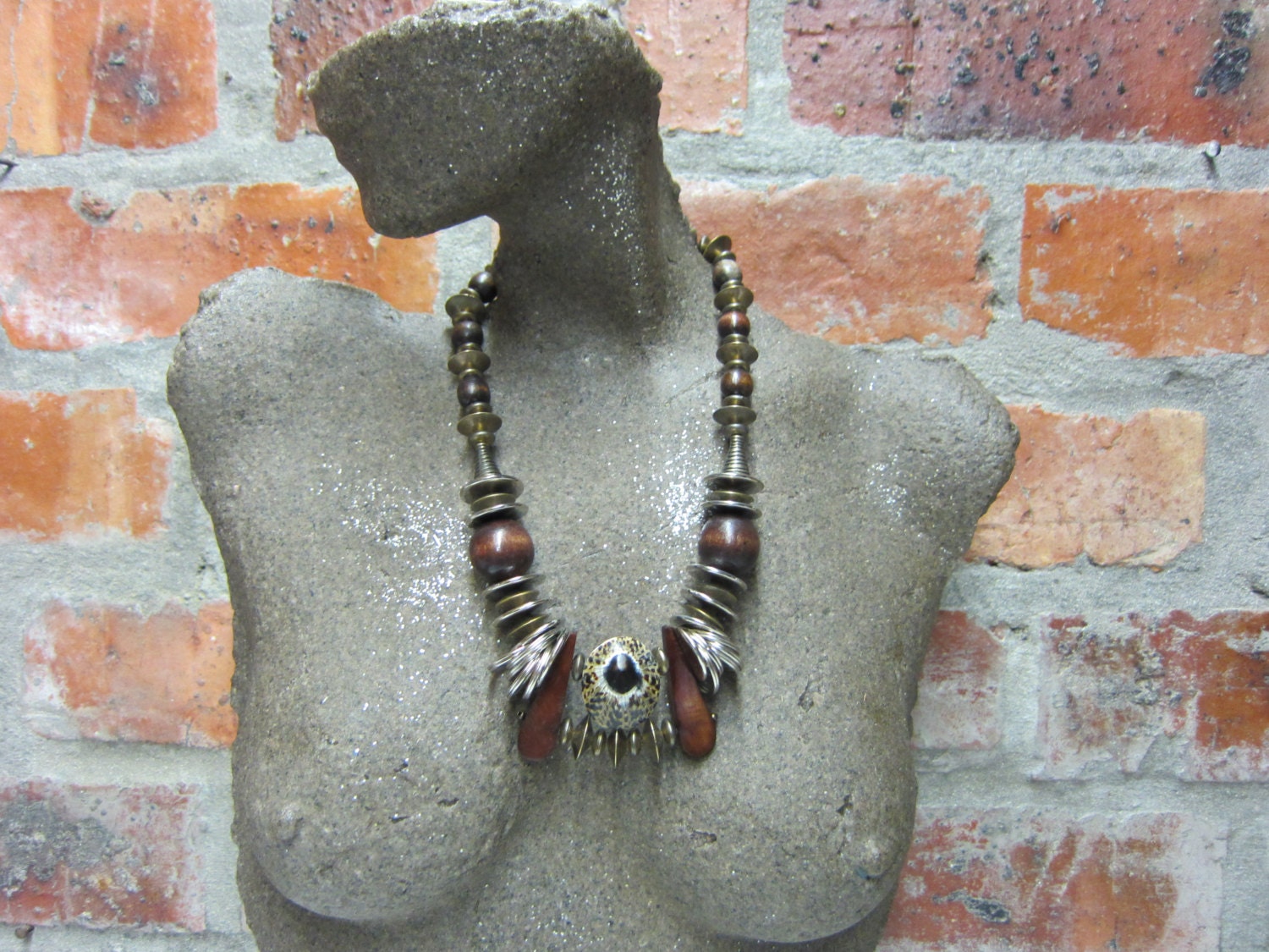 African Beaded Necklace, Bone Beads,Wood Backed Shell, Chunky Beads, Tribal Beads, Silver Tone and Bronze Aged Metalized Beads
