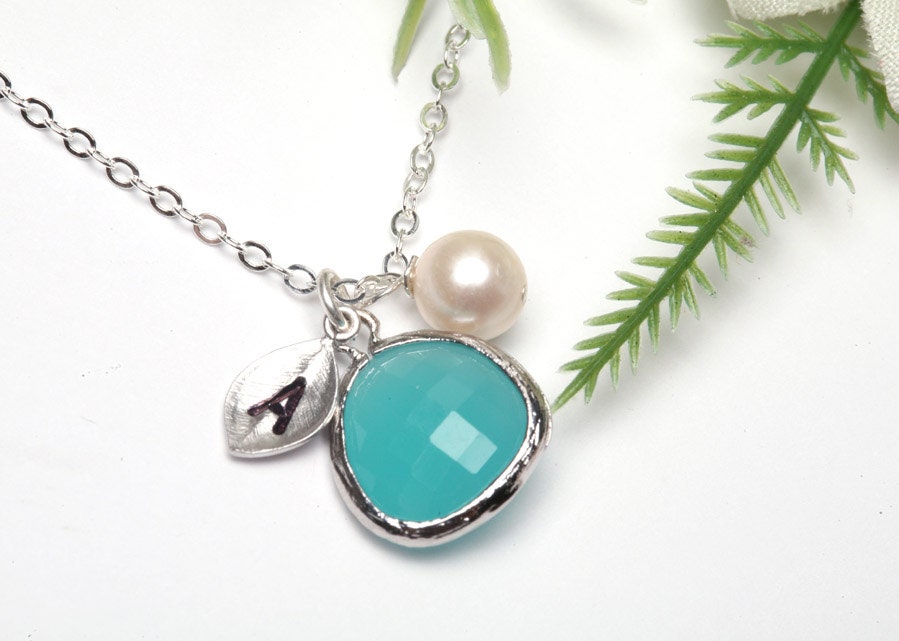 Wedding Jewelry Bridesmaid Jewelry Bridesmaid Necklace Personalized Initial necklace ,Aqua blue, Tiffany blue