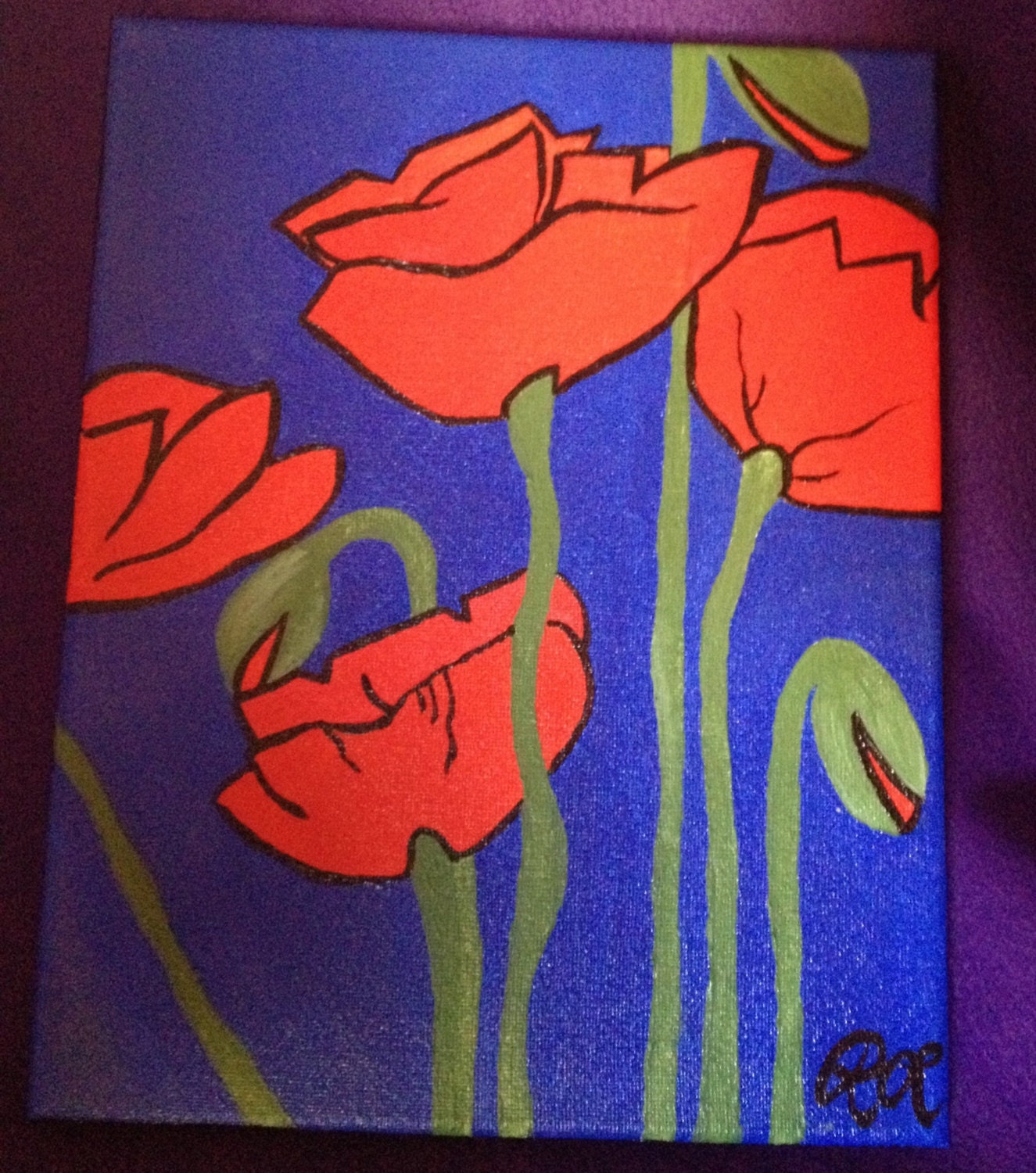 Red orange poppies on a blue back drop painted with acrylic paint paint on a 8x10 canvas painted on all sides and ready to hang.
