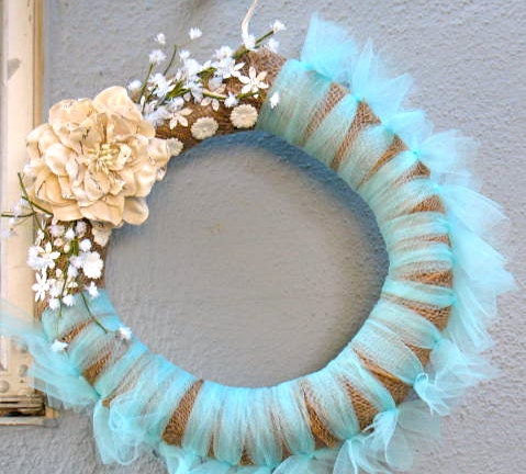 Burlap teal tulle and ivory floral wreath