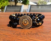 Elegant Double Wrap Bracelet - Mix Black Agate and 22K Gold Plated Beads on Black Greek Leather with Bali Style Button