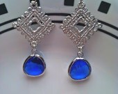 Rhodium Plated Lace Crochet Pendant with Cobalt Glass Stones