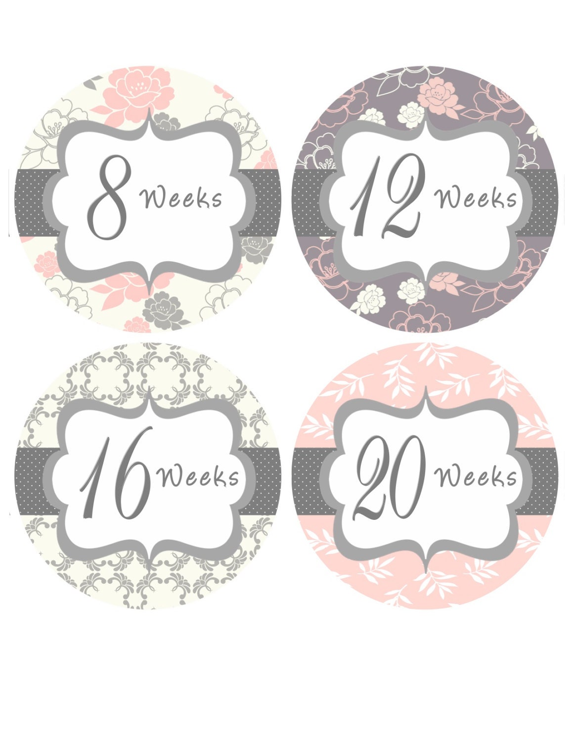 Pregnancy Stickers Weekly Baby Bump Stickers Week Belly Stickers Pink Grey Floral Expectant Mom Pregnant Maternity Photo Prop - Mia2-R