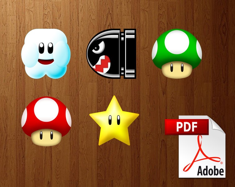 Super Mario DIY 5" Paper Party Decorations - Printable PDF (digital delivery) Mushrooms, Power Star, Bullet Bill, Cloud