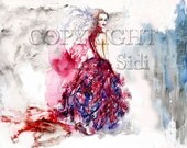 Illustration ' Red dress ' 8x11"- Print of an Original Artwork Ink -Watercolor,  Fine Art Print Art Posters Wall Modern .