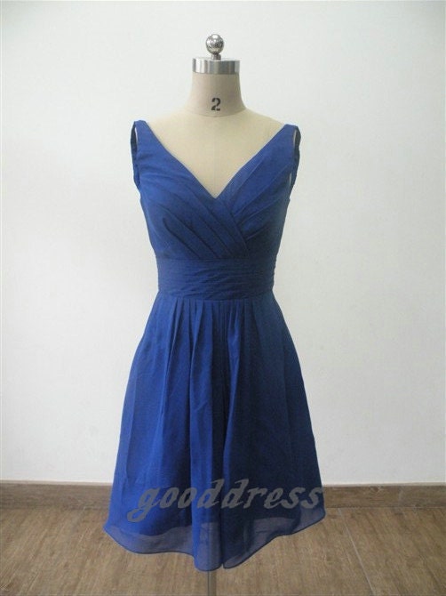 Custom Handmade V Neck Blue Chiffon Ruched A Line Knee length Formal Bridesmaid/Party/Prom/Homecoming/Cocktail/Evening Dress Gown